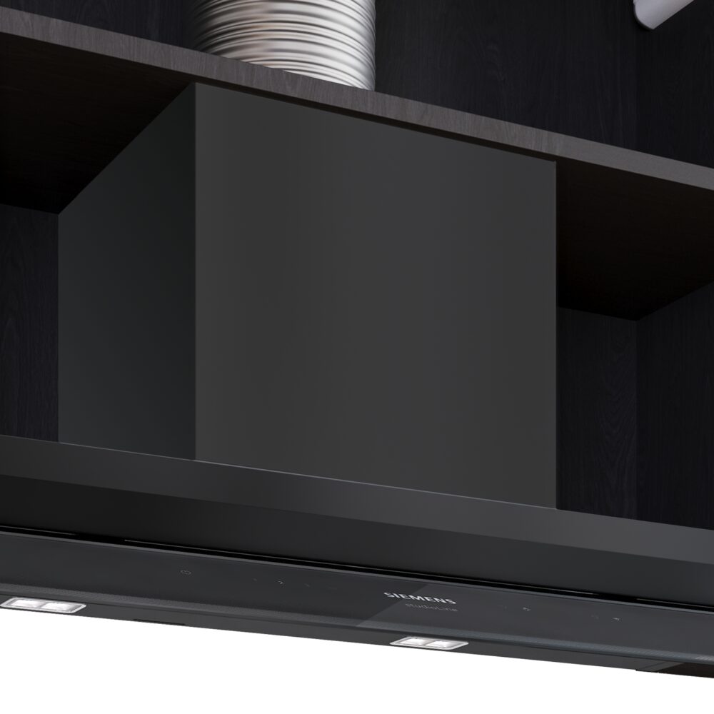 iQ500, Integrierte Designhaube, 90 cm, Graues Glas mit schwarzer Bedruckung, Mattschwarz, LJ97BDP65