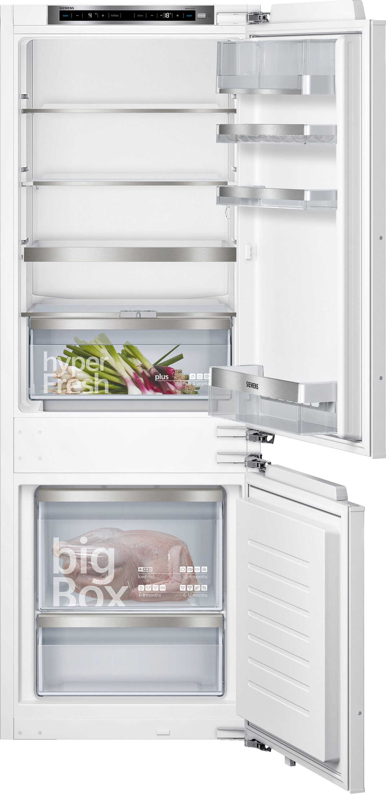 iQ500, Einbau-Kühl-Gefrier-Kombination mit Gefrierbereich unten, 157.8 x 55.8 cm, Flachscharnier mit Softeinzug, KI77SADE0